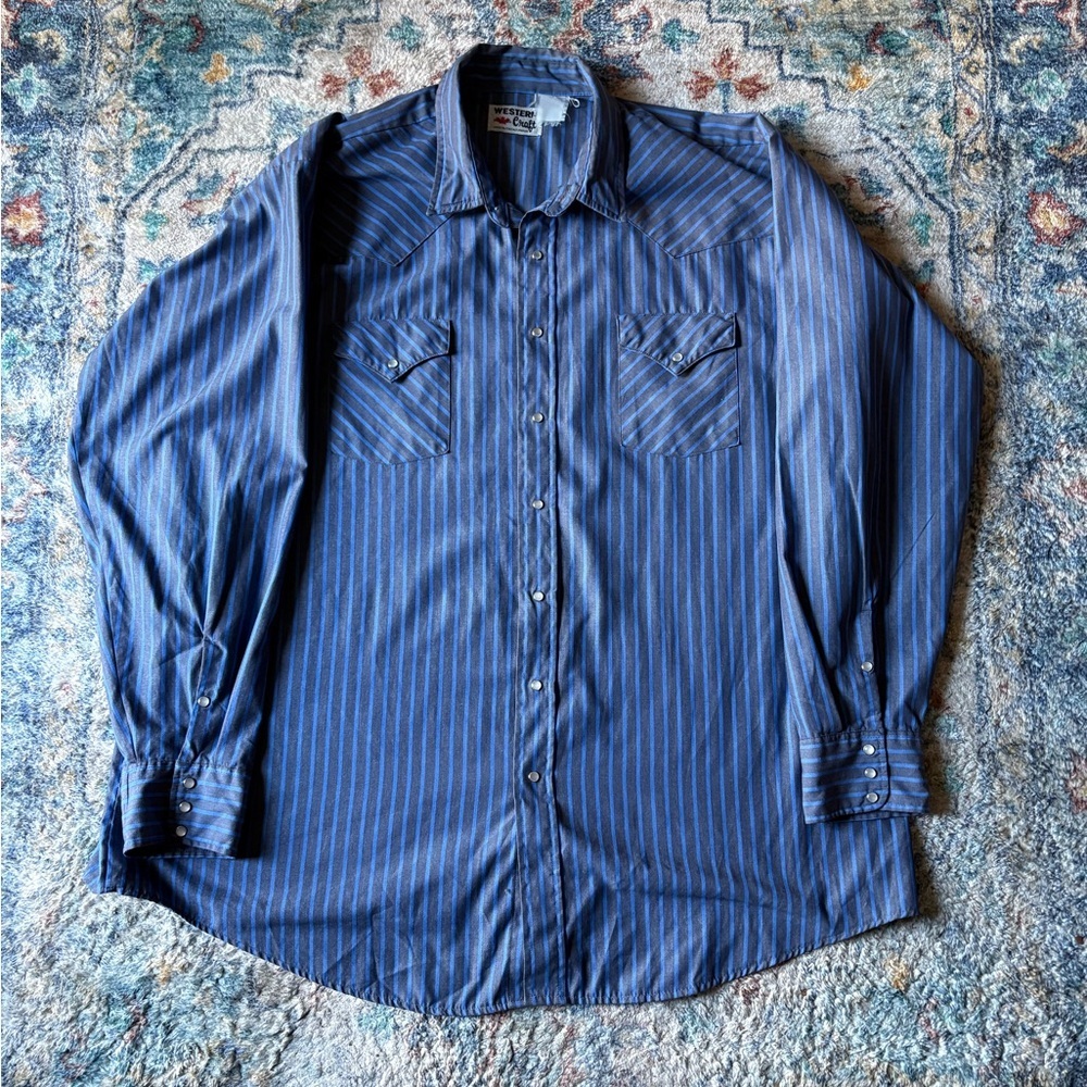 Vintage Western Craft Blue Pinstriped Pearl Snap Shirt Size XXL